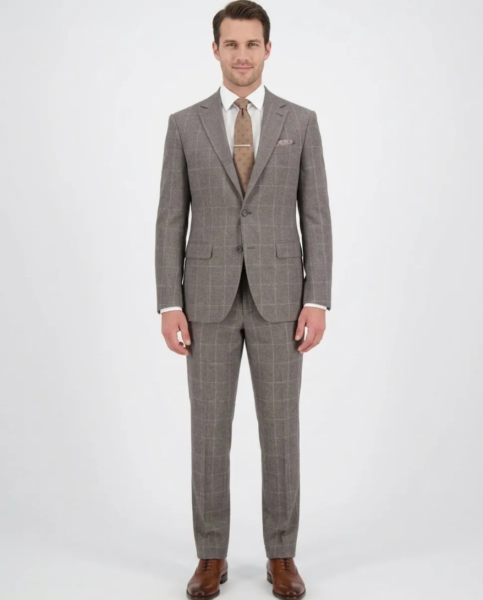 Mens Brown Check Slim Fit 100% VBC Flannel Wool Prehemmed Suit