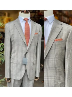 Mens Brown Plaid Slim Fit 100% VBC Wool Prehemmed Suit