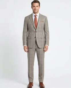 Mens Brown Plaid Slim Fit 100% VBC Wool Prehemmed Suit