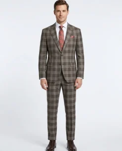 Mens Brown Plaid Slim Fit 100% VBC Wool Prehemmed Suit