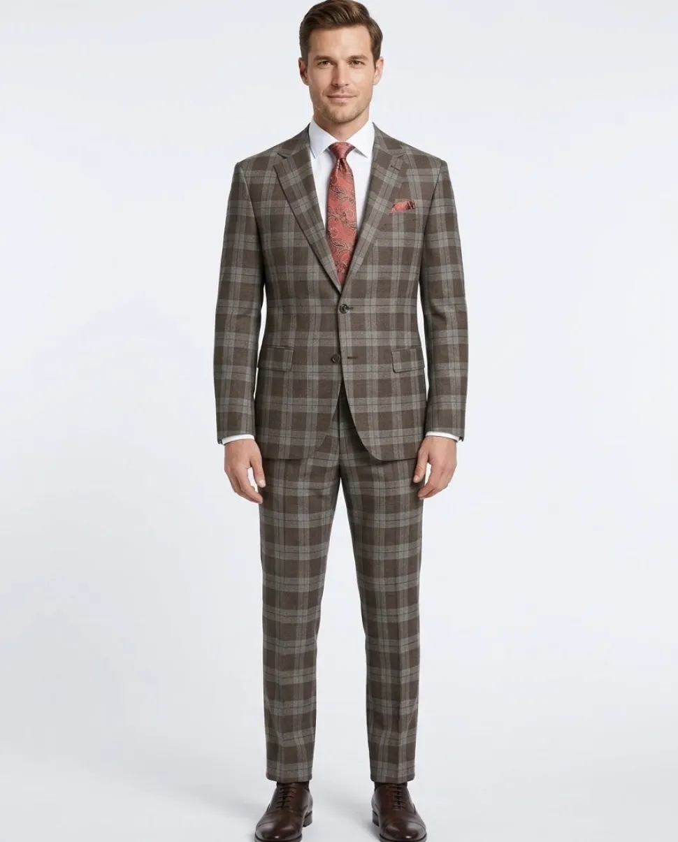 Mens Brown Plaid Slim Fit 100% VBC Wool Prehemmed Suit