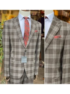 Mens Brown Plaid Slim Fit 100% VBC Wool Prehemmed Suit