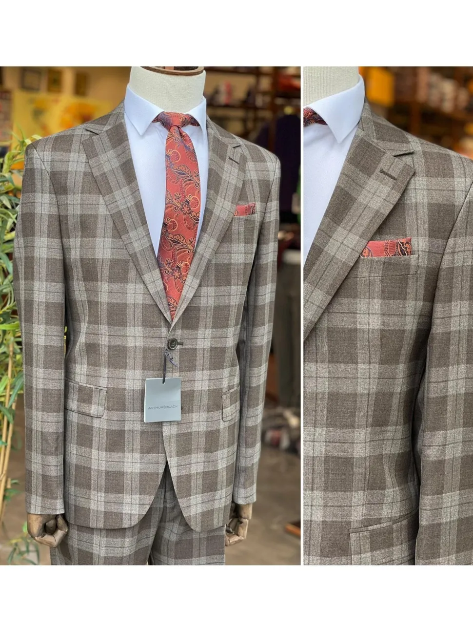 Mens Brown Plaid Slim Fit 100% VBC Wool Prehemmed Suit