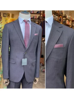 Mens Burgundy Plaid Slim Fit 100% VBC Wool Prehemmed Suit