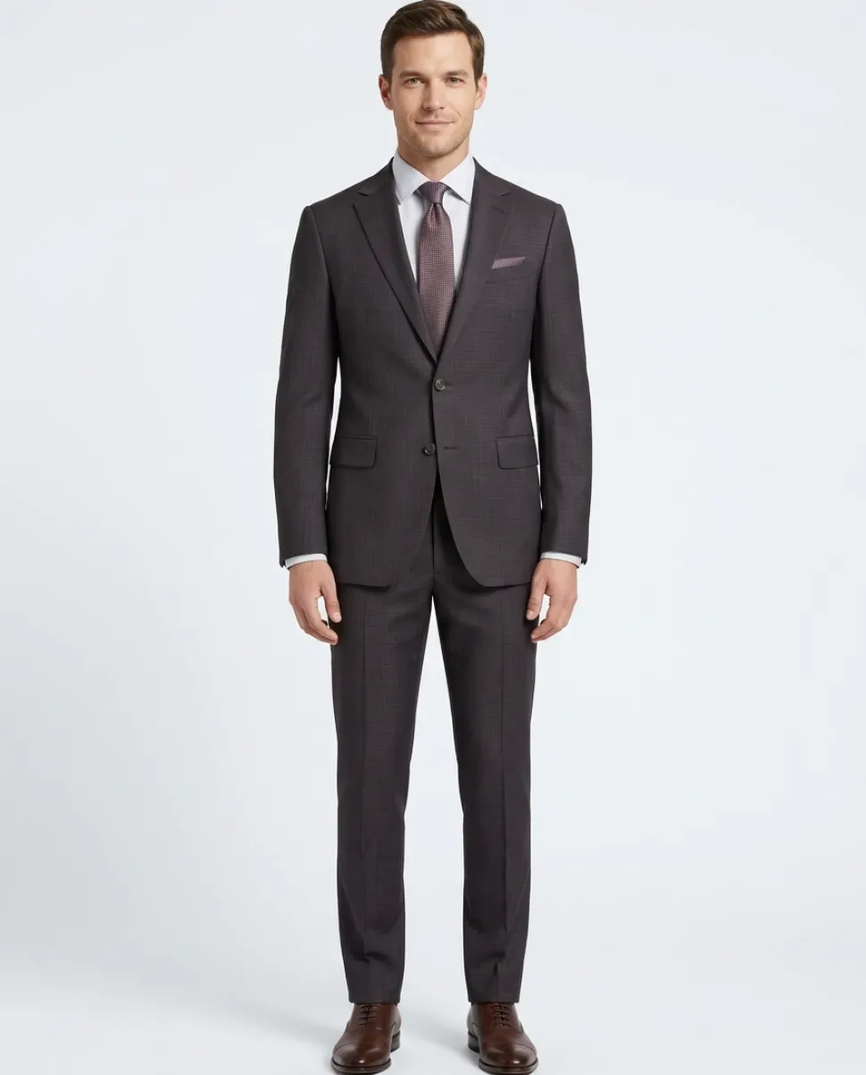 Mens Burgundy Plaid Slim Fit 100% VBC Wool Prehemmed Suit
