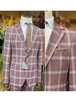 Mens Burgundy Plaid Slim Fit 100% VBC Wool Prehemmed Suit