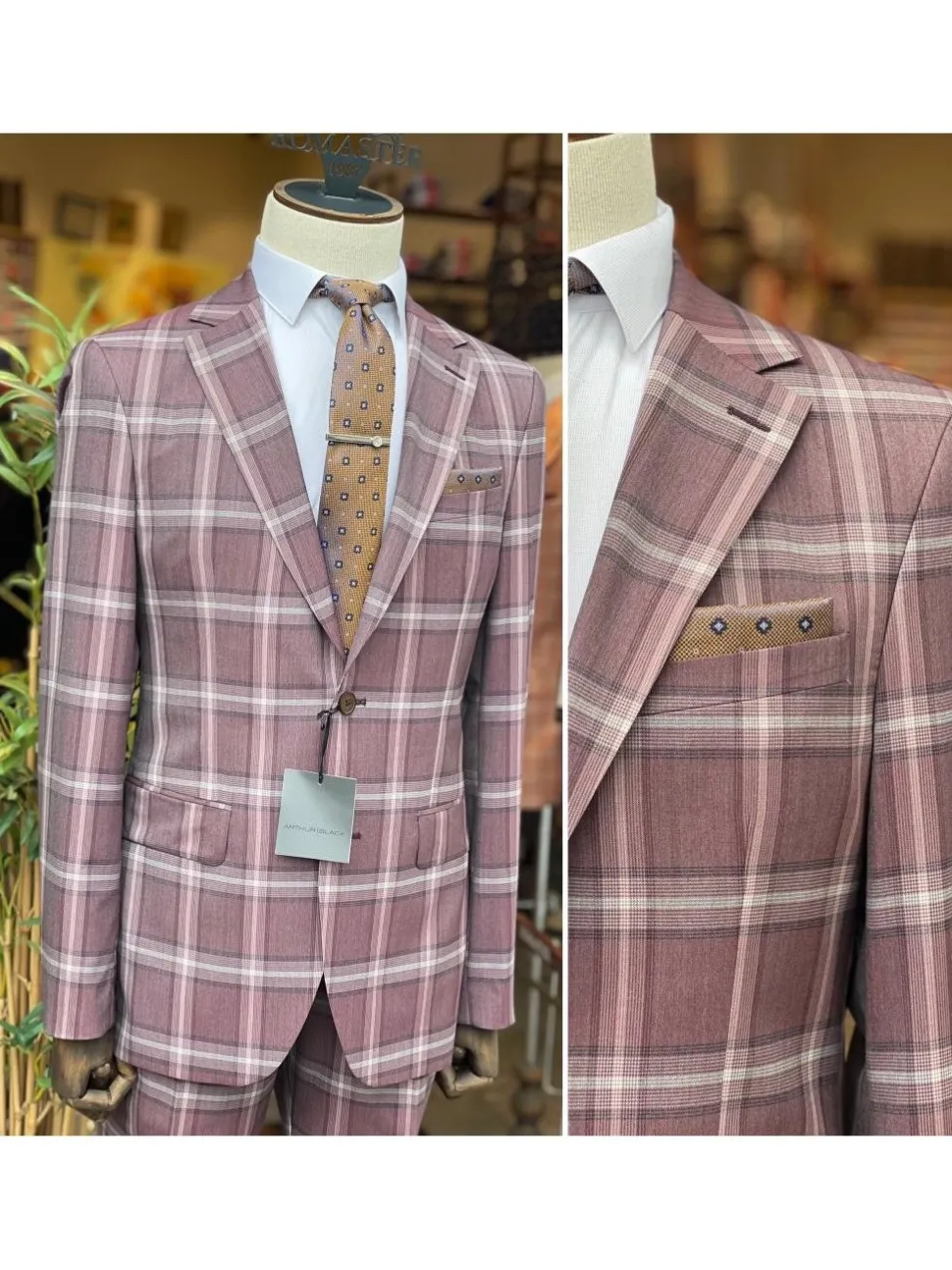 Mens Burgundy Plaid Slim Fit 100% VBC Wool Prehemmed Suit