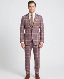 Mens Burgundy Plaid Slim Fit 100% VBC Wool Prehemmed Suit