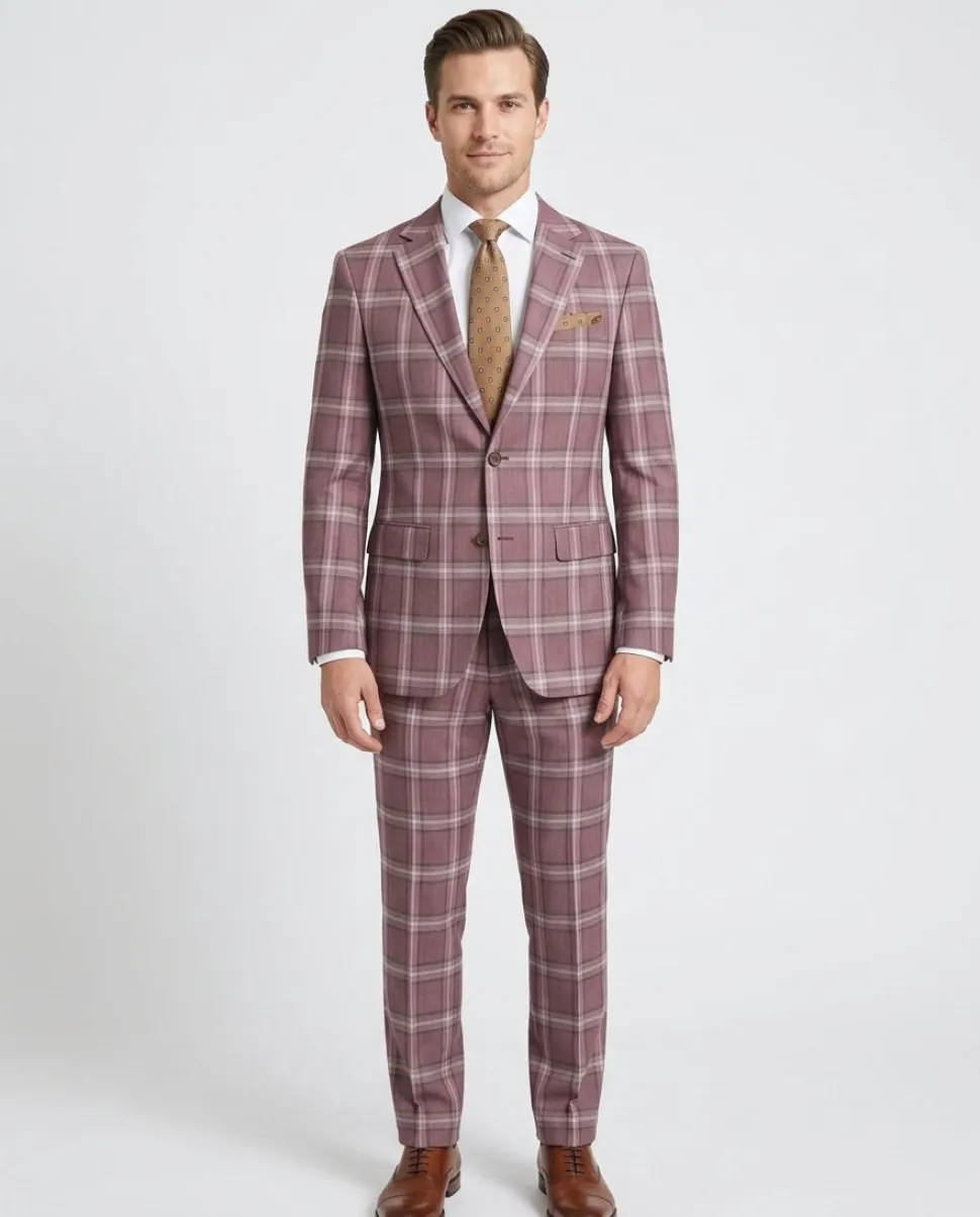 Mens Burgundy Plaid Slim Fit 100% VBC Wool Prehemmed Suit