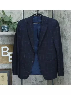 Men's Calvin Klein Navy Blue Windowpane Slim Fit Wool Blazer Sportcoat