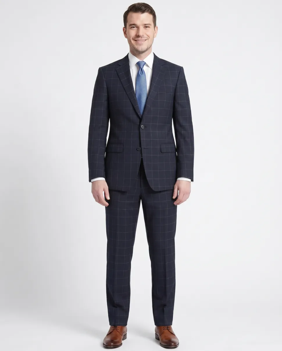Men's Calvin Klein Navy Blue Windowpane Slim Fit Wool Suit