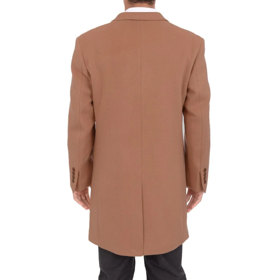 Mens Camel Tan 3/4 Length Double Breasted Wool Cashmere Overcoat Car Coat