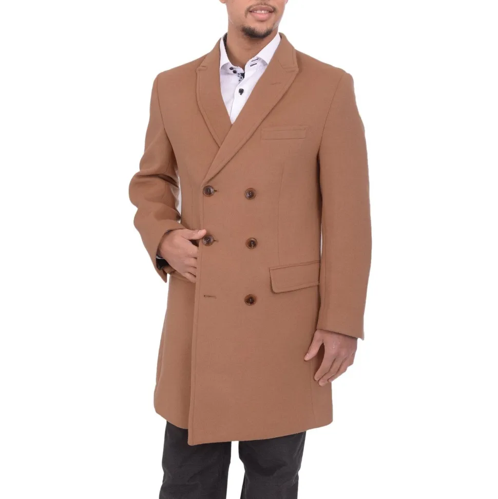 Mens Camel Tan 3/4 Length Double Breasted Wool Cashmere Overcoat Car Coat