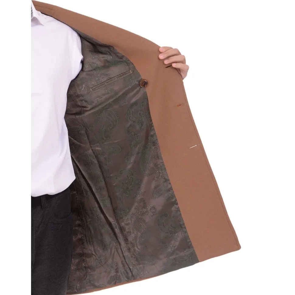 Mens Camel Tan 3/4 Length Double Breasted Wool Cashmere Overcoat Car Coat