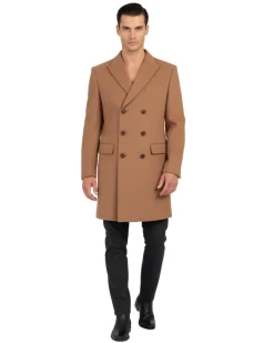 Mens Camel Tan 3/4 Length Double Breasted Wool Cashmere Overcoat Car Coat