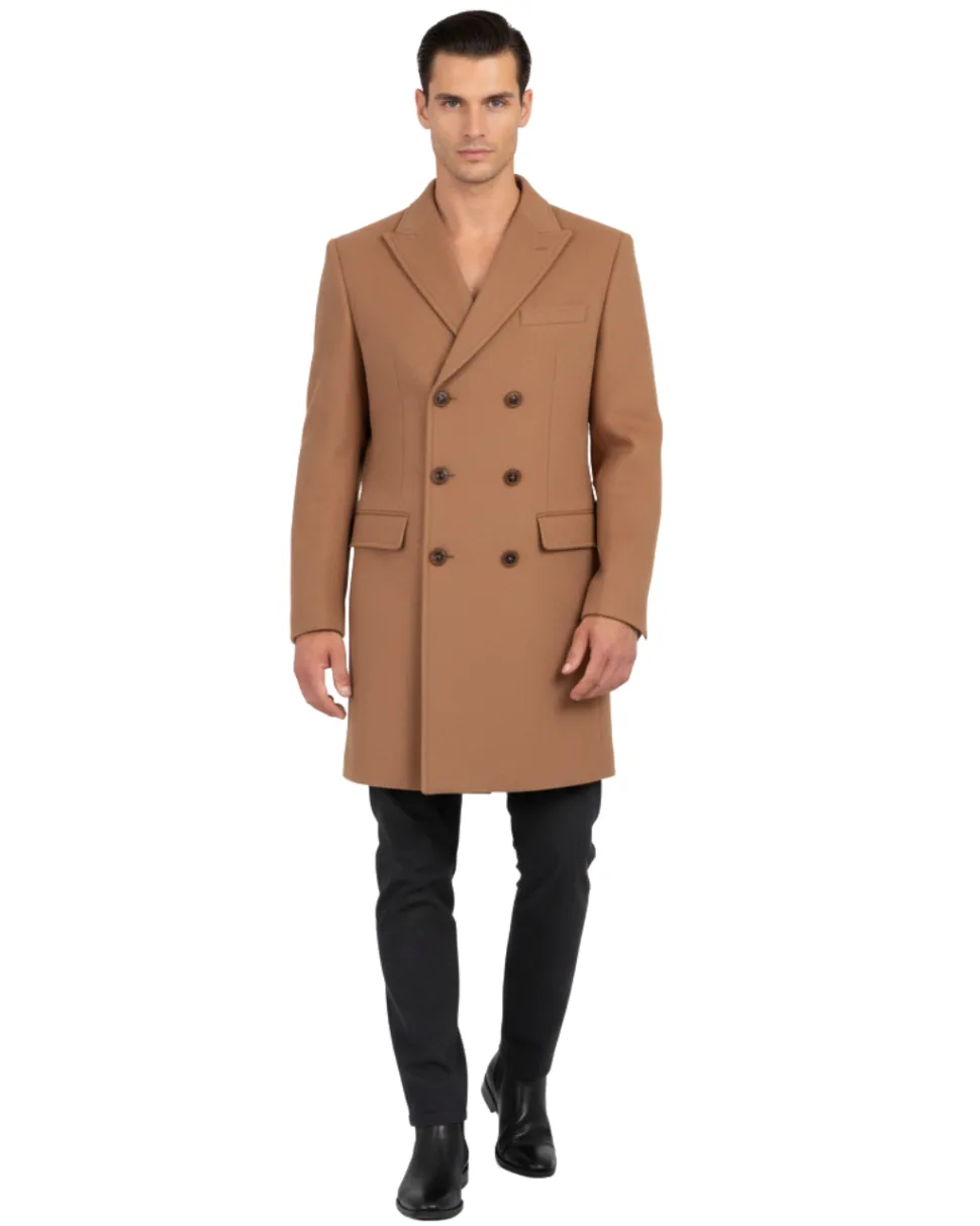 Mens Camel Tan 3/4 Length Double Breasted Wool Cashmere Overcoat Car Coat