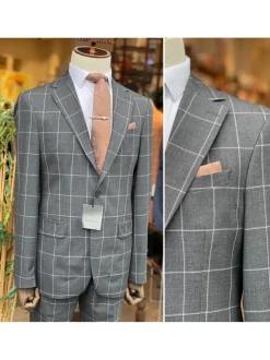 Mens Charcoal Gray Check Slim Fit 100% VBC Wool Prehemmed Suit