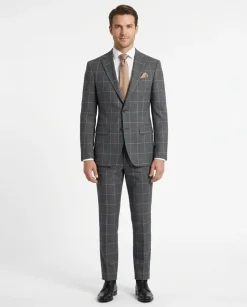 Mens Charcoal Gray Check Slim Fit 100% VBC Wool Prehemmed Suit