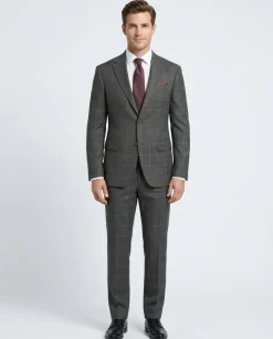 Mens Charcoal Gray Check Slim Fit 100% VBC Wool Prehemmed Suit