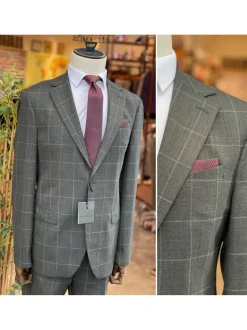 Mens Charcoal Gray Check Slim Fit 100% VBC Wool Prehemmed Suit