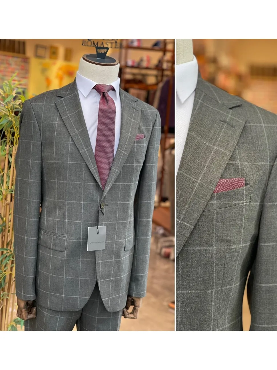 Mens Charcoal Gray Check Slim Fit 100% VBC Wool Prehemmed Suit