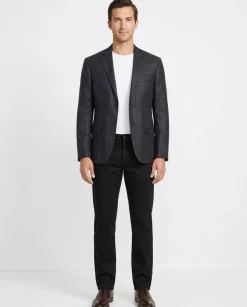 Mens Charcoal Gray & Navy Plaid Wool Silk Cashmere Blend Blazer Sportcoat
