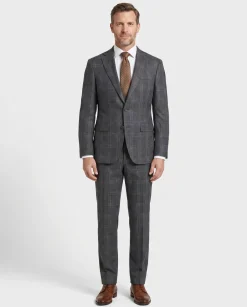 Mens Charcoal Gray Plaid Slim Fit 100% VBC Wool Prehemmed Suit