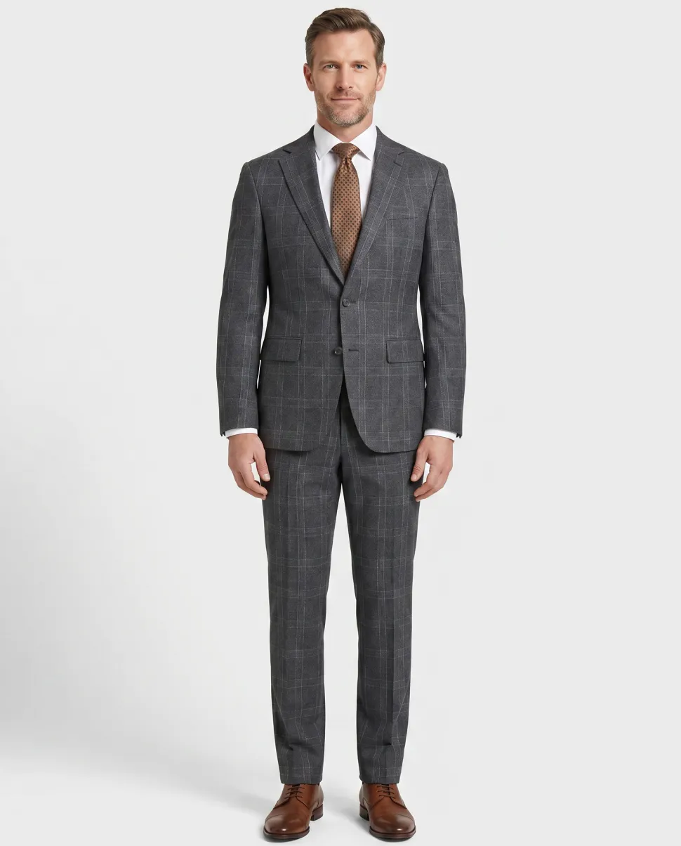 Mens Charcoal Gray Plaid Slim Fit 100% VBC Wool Prehemmed Suit