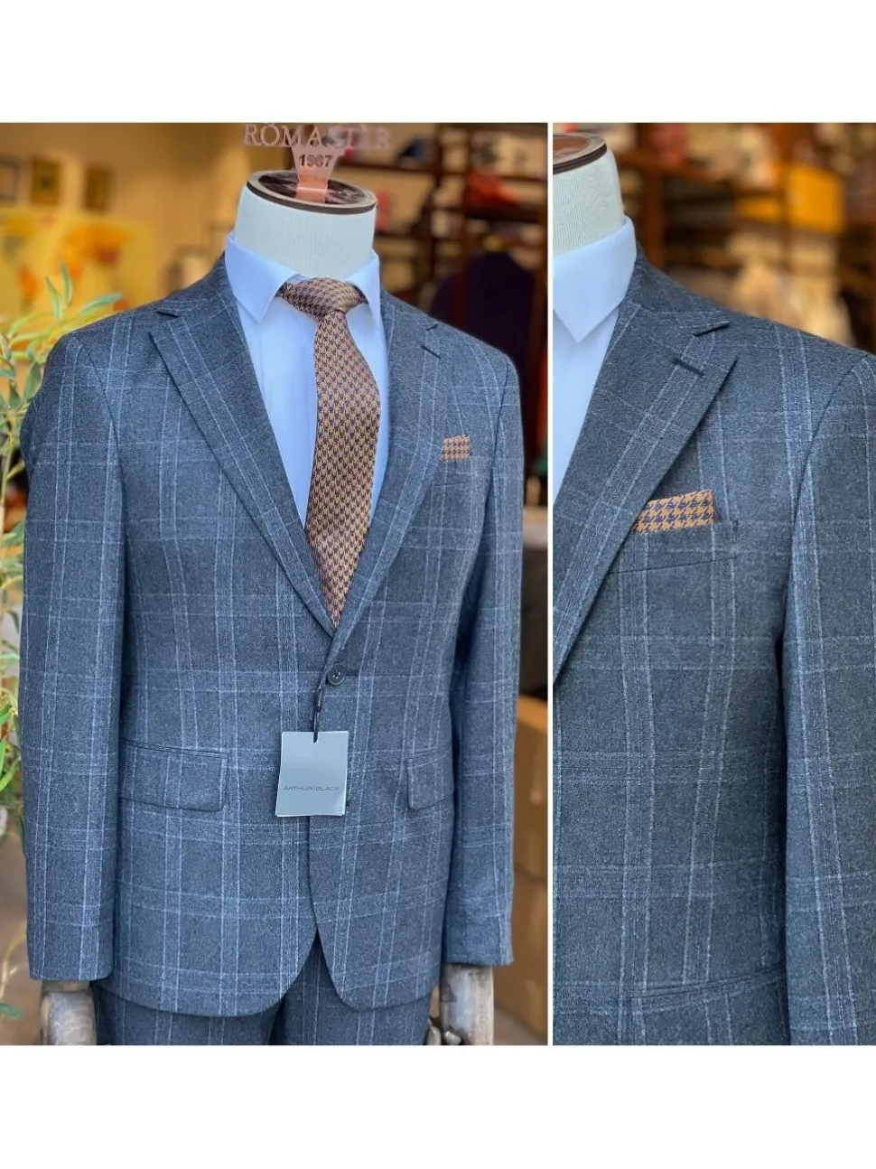 Mens Charcoal Gray Plaid Slim Fit 100% VBC Wool Prehemmed Suit