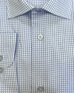 Mens Check Blue And White Contemporary Fit Cotton Blend Stretch Spread Collar Dress Shirt