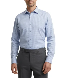 Mens Check Blue And White Contemporary Fit Cotton Blend Stretch Spread Collar Dress Shirt