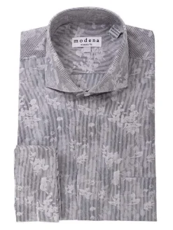 Mens Classic Fit Black Pinstriped Floral French Cuff Cotton Blend Dress Shirt