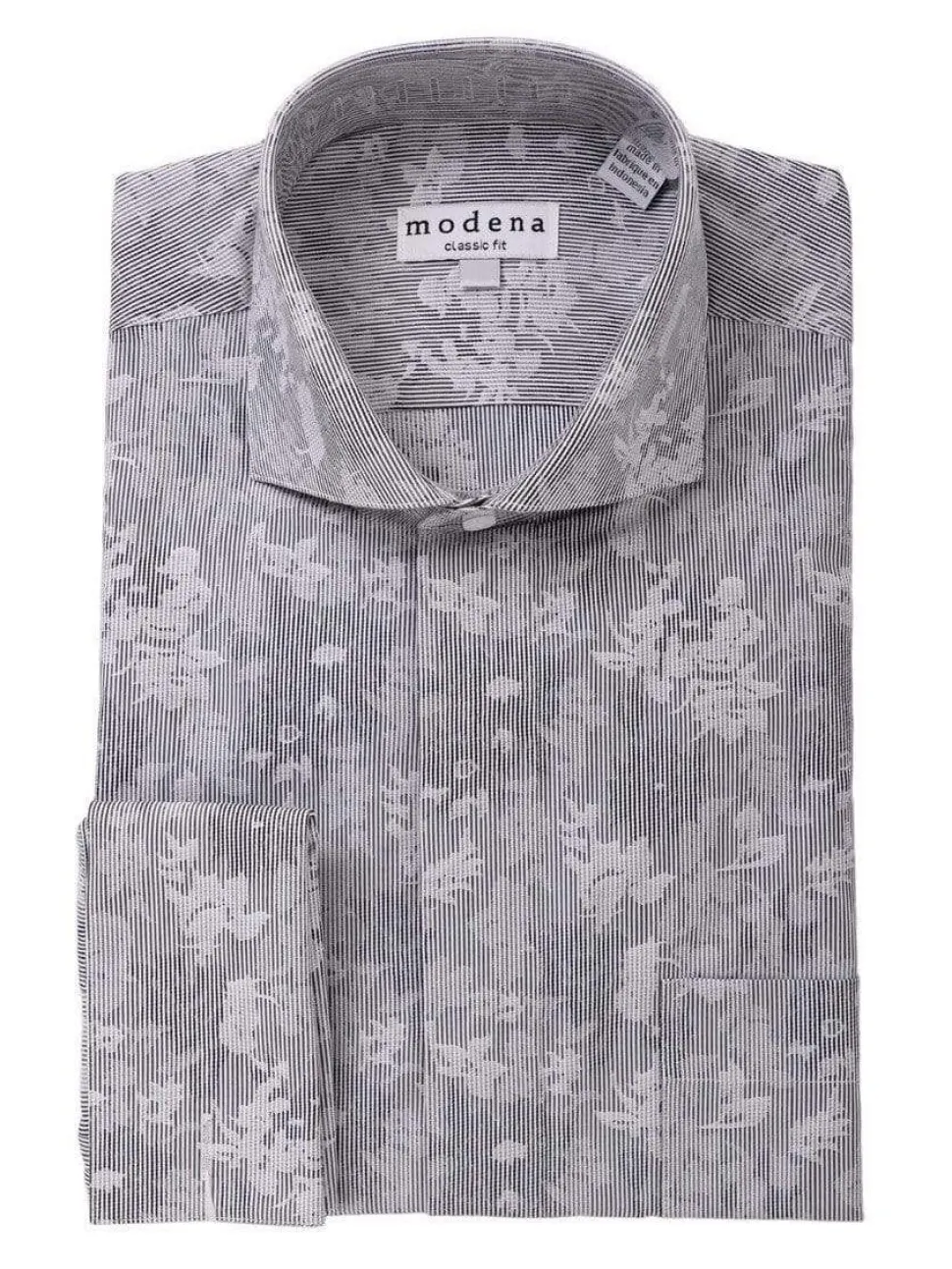 Mens Classic Fit Black Pinstriped Floral French Cuff Cotton Blend Dress Shirt