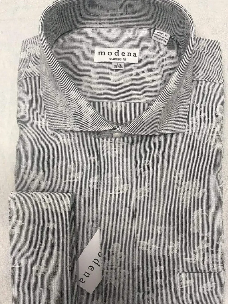 Mens Classic Fit Black Pinstriped Floral French Cuff Cotton Blend Dress Shirt