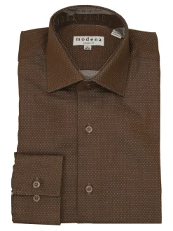 Men's Classic Fit Brown & White Polka Dot Cutaway Collar Cotton Dress Shirt