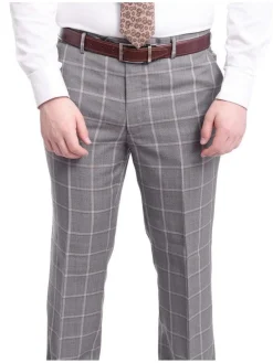 Mens Classic Fit Gray Step With Gray & Taupe Windowpane Two Button Wool Suit