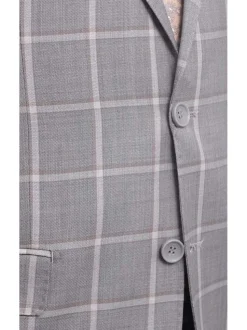 Mens Classic Fit Gray Step With Gray & Taupe Windowpane Two Button Wool Suit