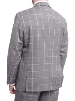 Mens Classic Fit Gray Step With Gray & Taupe Windowpane Two Button Wool Suit