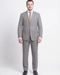 Mens Classic Fit Gray Step With Gray & Taupe Windowpane Two Button Wool Suit