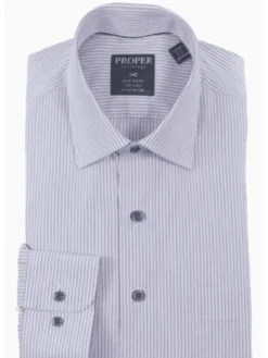 Mens Classic Fit Gray Striped Spread Collar Easy Care Cotton Dress Shirt