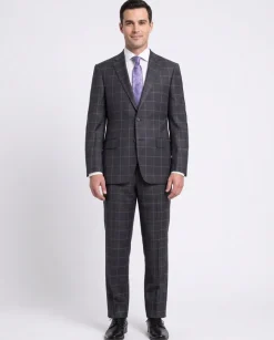 Mens Classic Fit Gray With Purple Windowpane Two Button Wool Suit