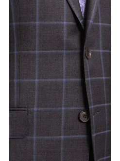 Mens Classic Fit Gray With Purple Windowpane Two Button Wool Suit