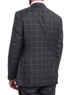 Mens Classic Fit Gray With Purple Windowpane Two Button Wool Suit