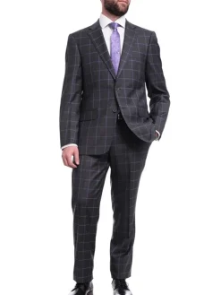 Mens Classic Fit Gray With Purple Windowpane Two Button Wool Suit