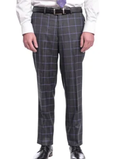 Mens Classic Fit Gray With Purple Windowpane Two Button Wool Suit