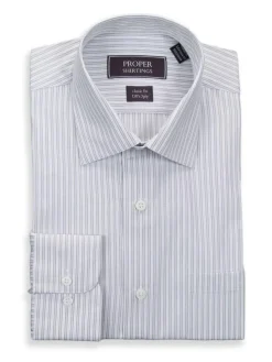 Mens Classic Fit Silver Striped Semi Spread Collar 120's 2ply Cotton Dress Shirt
