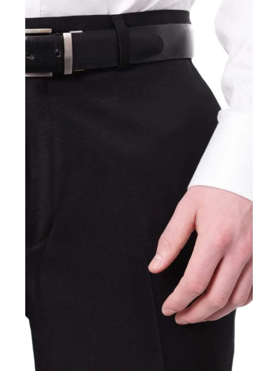 Mens Classic Fit Solid Black Flat Front Wool Prehemmed Dress Pants