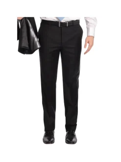 Mens Classic Fit Solid Black Flat Front Wool Dress Pants
