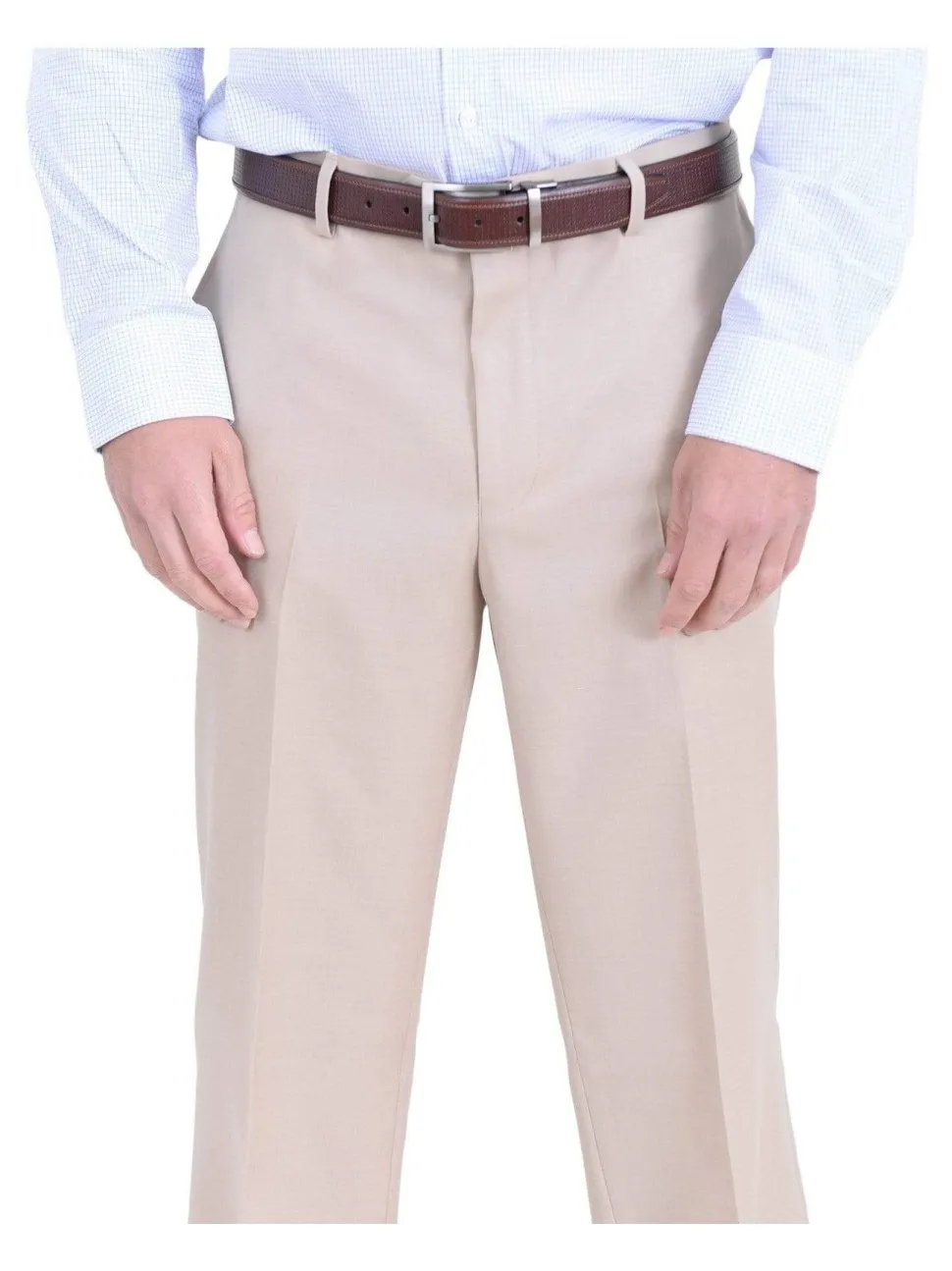 Mens Classic Fit Solid Light Tan Flat Front Wool Dress Pants