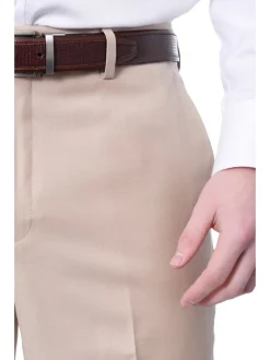 Mens Classic Fit Solid Light Tan Flat Front Wool Dress Pants
